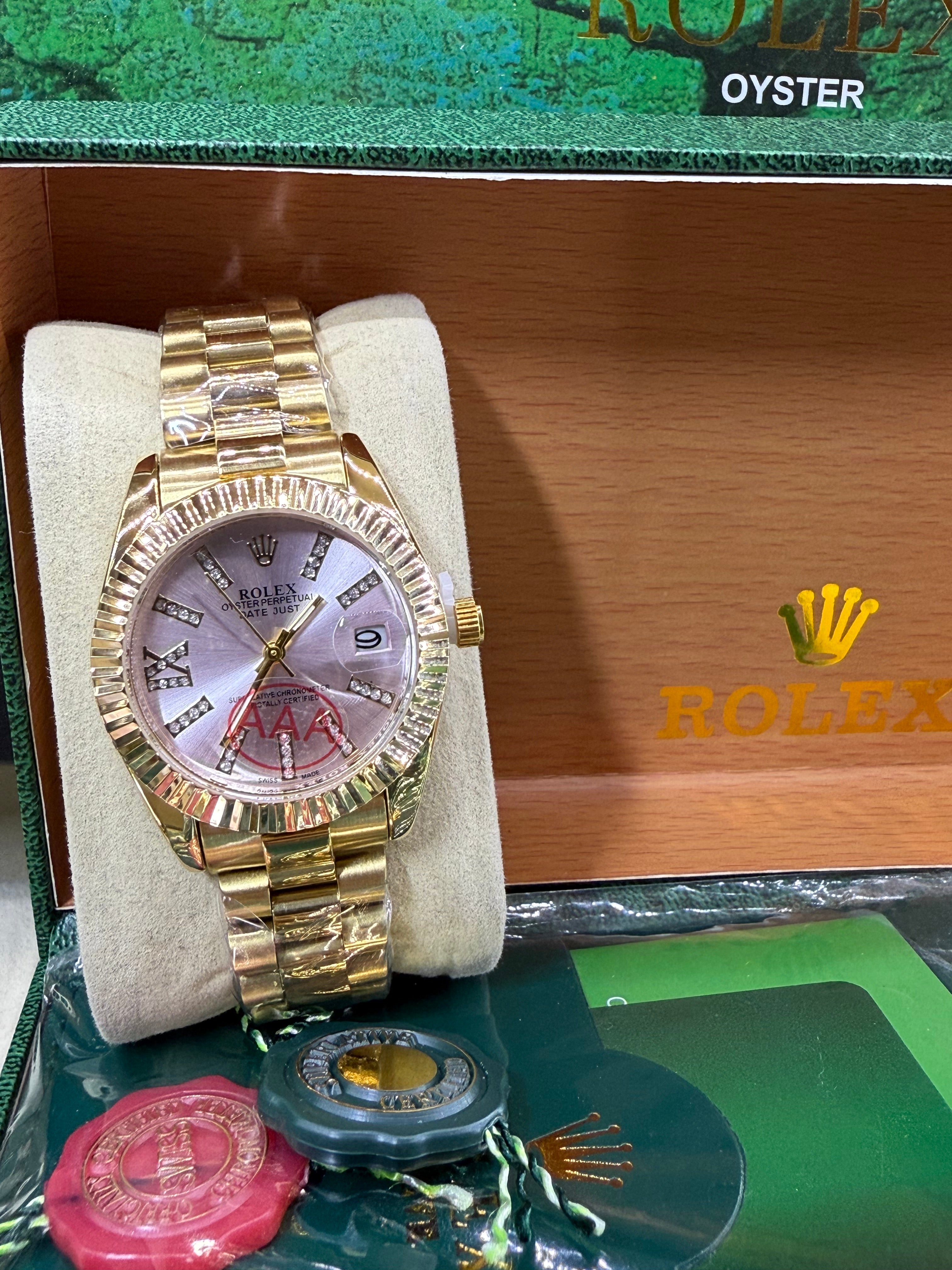 Date just 36mm gold pink arabic dial