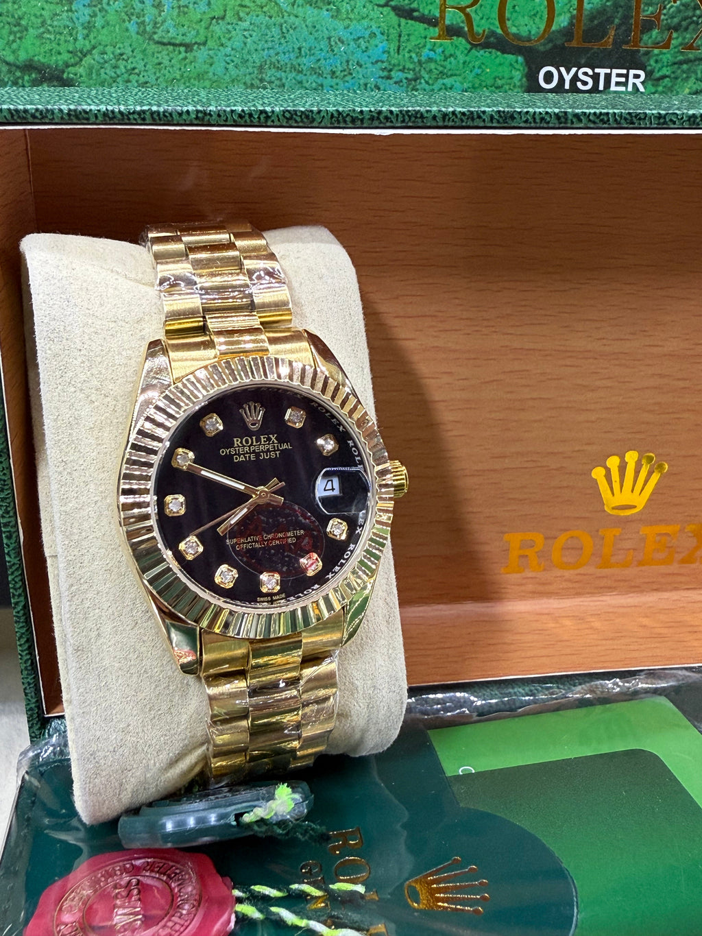 Date just 36mm gold black diamond dial
